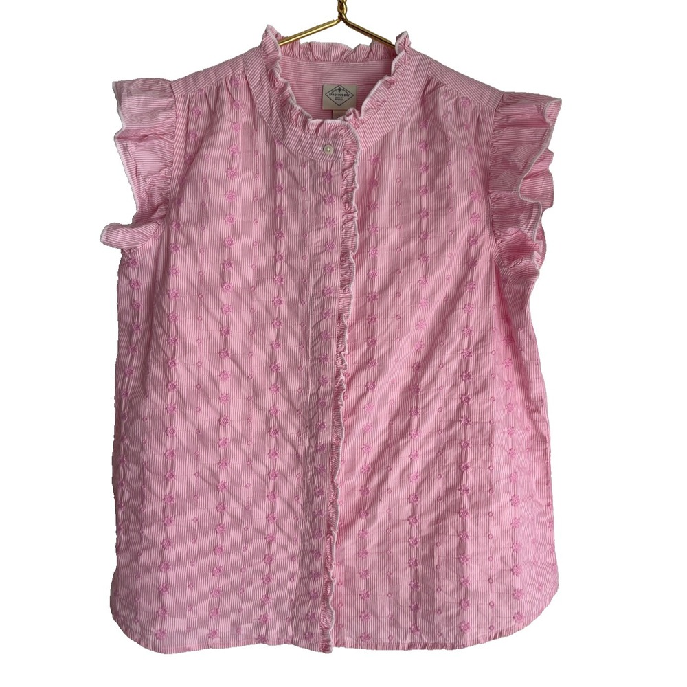 St. Johns Bay Womens Large Pink Cotton Sleeveless Blouse Ruffle Floral Embroider